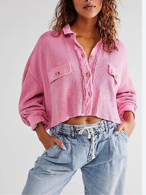 Free People Pink Cropped Waffle Knit Button-Up Shirt